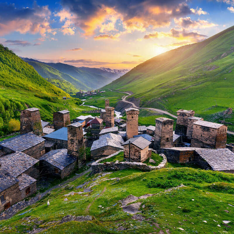 Ushguli village dotted with medieval historical towers in North Georgia, Caucasus, Eastern Europe
