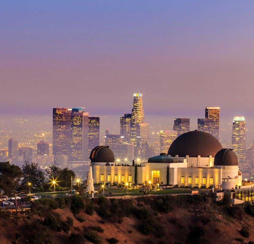 Griffith Park Observatory overlooking downtown Los Angeles at night