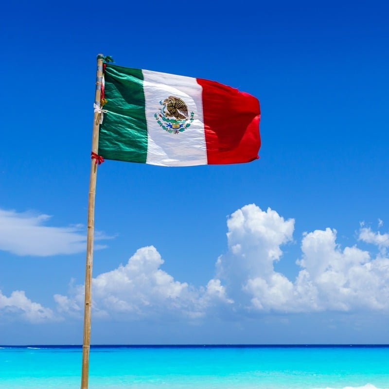Mexican flag displayed against a tropical sea in the background, Mexican Caribbean, Riviera Maya, Mexico