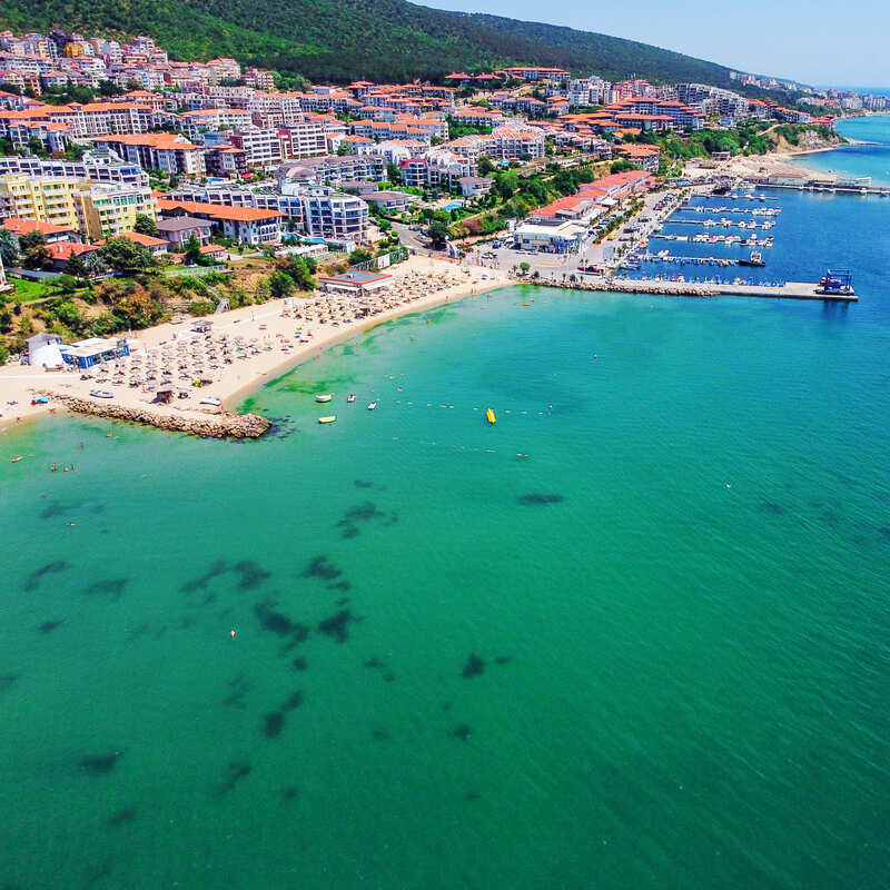 Aerial panoramic view of Sveti Vlas, a resort town that is part of the Black Sea Province of Bulgaria, Eastern Europe, Balkan Peninsula