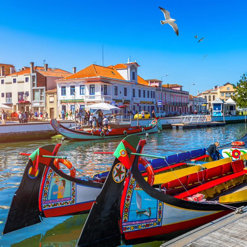 The colorful traditional gondolas of Aveiro, a Venetian-style city in northern Portugal, Iberia, southern Europe