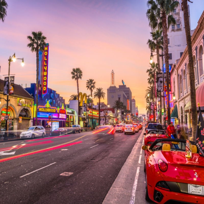 Traffic on Hollywood Boulevard at dusk.  The theater district is a famous tourist attraction