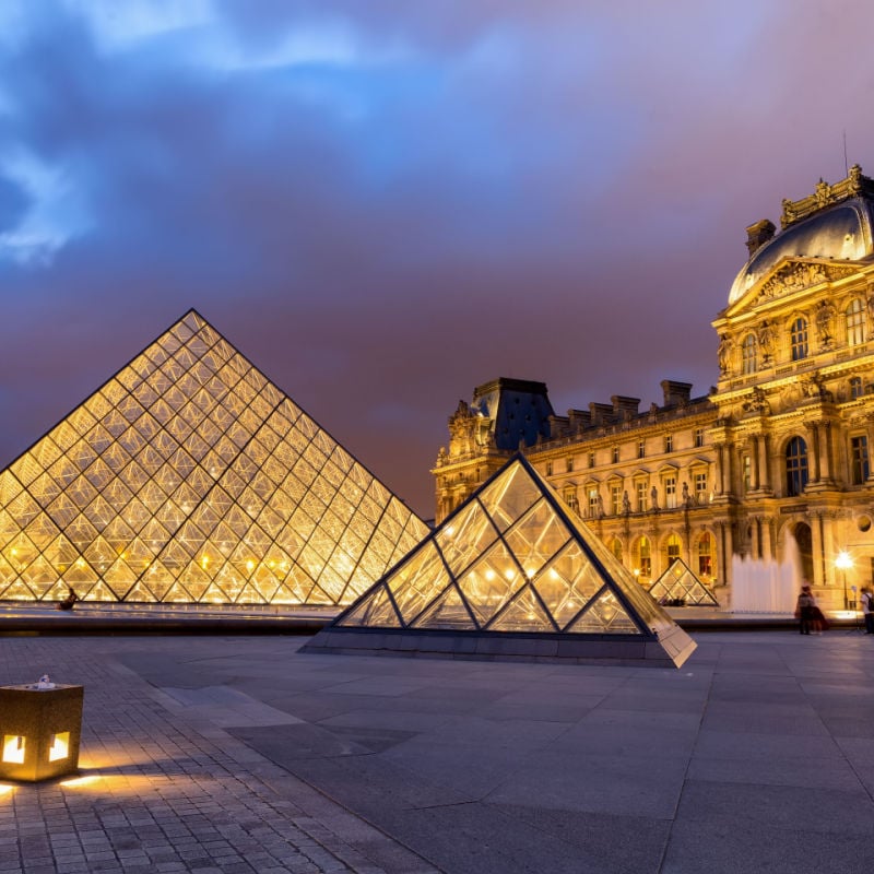 The domes of the pyramid in Lourve, Paris, France.