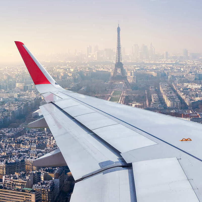 A view of the Eiffel Tower from a plane over Paris. 