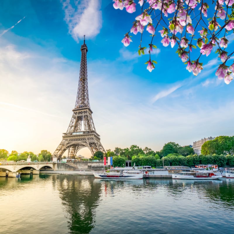 A view of the Eiffel tower from across the Seine river. 