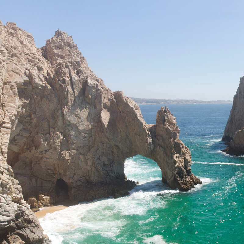 Aerial view of the Los Cabos Arch, a natural landmark jutting out of the Pacific Ocean, Mexico