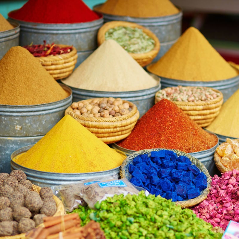 Colorful spices photographed in a souk in Marrakech, Morocco, North Africa