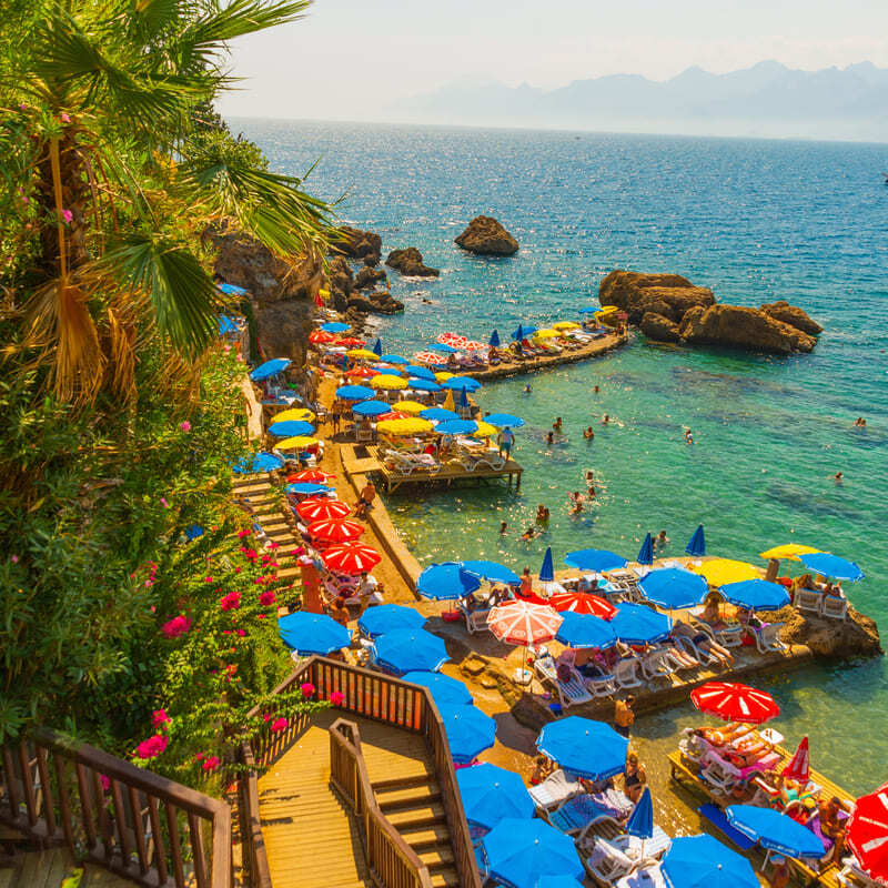 Mermerli Plaji beach in Antalya, old city port, Turkey, Mediterranean coast