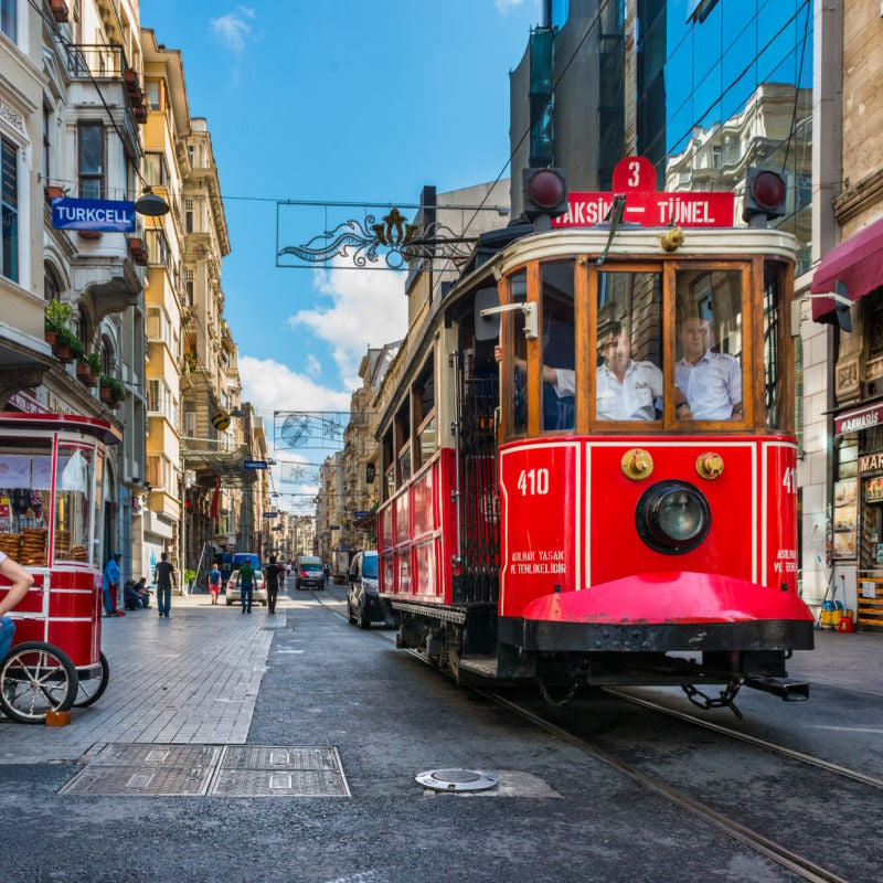 Heritage tram traveling through Istanbul's Istiklal Avenue, Istanbul, Turkey, Turkey