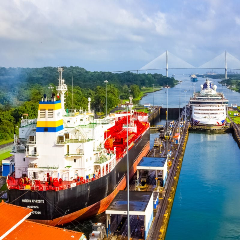 A cargo ship entering the Miraflores locks at the Panama Canal in Panama