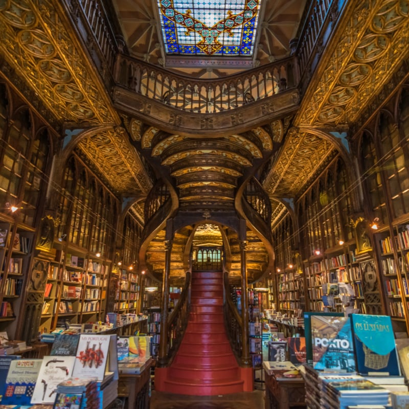 Interior view of the Lello bookstore in Porto, Portugal